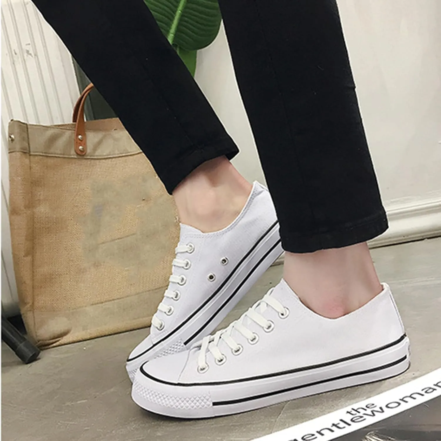 Unisex Canvas Shoes,Low Top and Lace up Fashion Casual Sneakers Black and White Casual Tennis Shoes Classic Walking Shoes (A White,Women 11/Men 9)