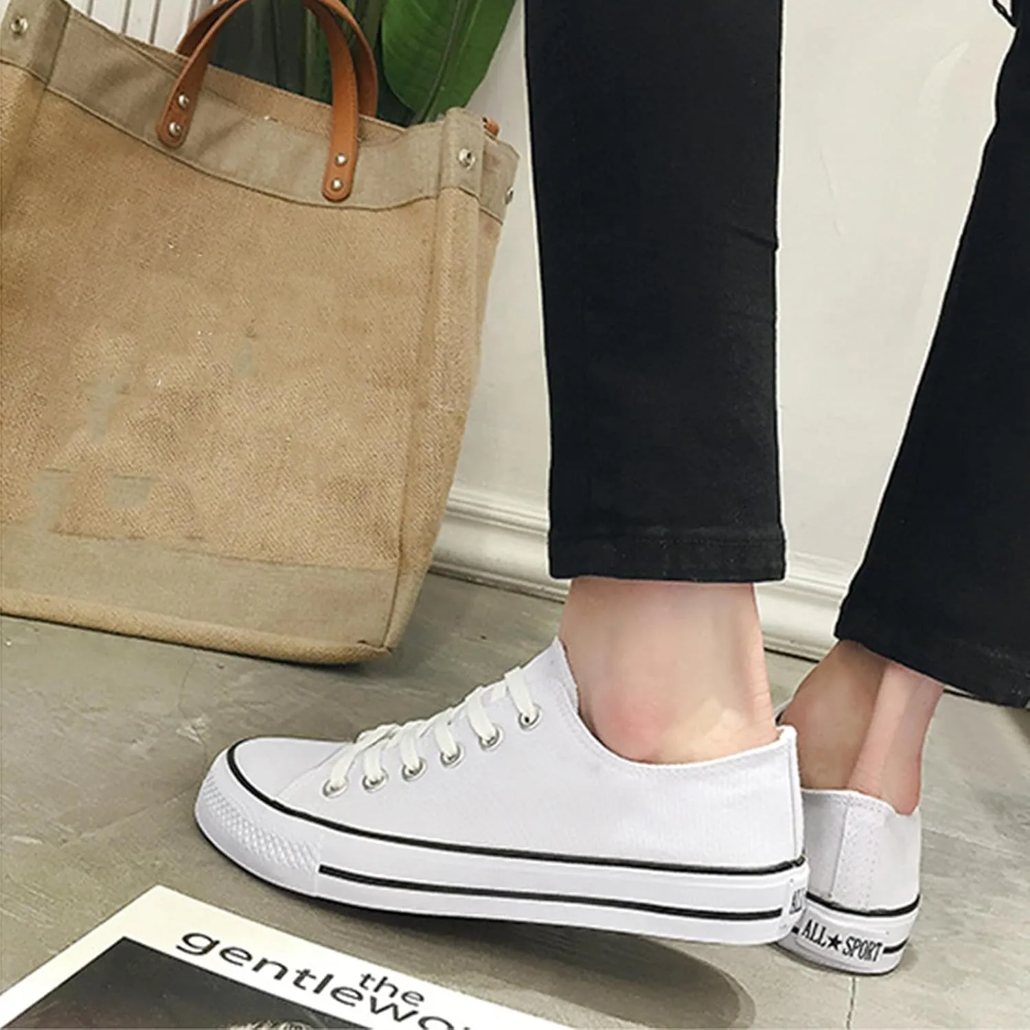 Unisex Canvas Shoes,Low Top and Lace up Fashion Casual Sneakers Black and White Casual Tennis Shoes Classic Walking Shoes (A White,Women 11/Men 9)