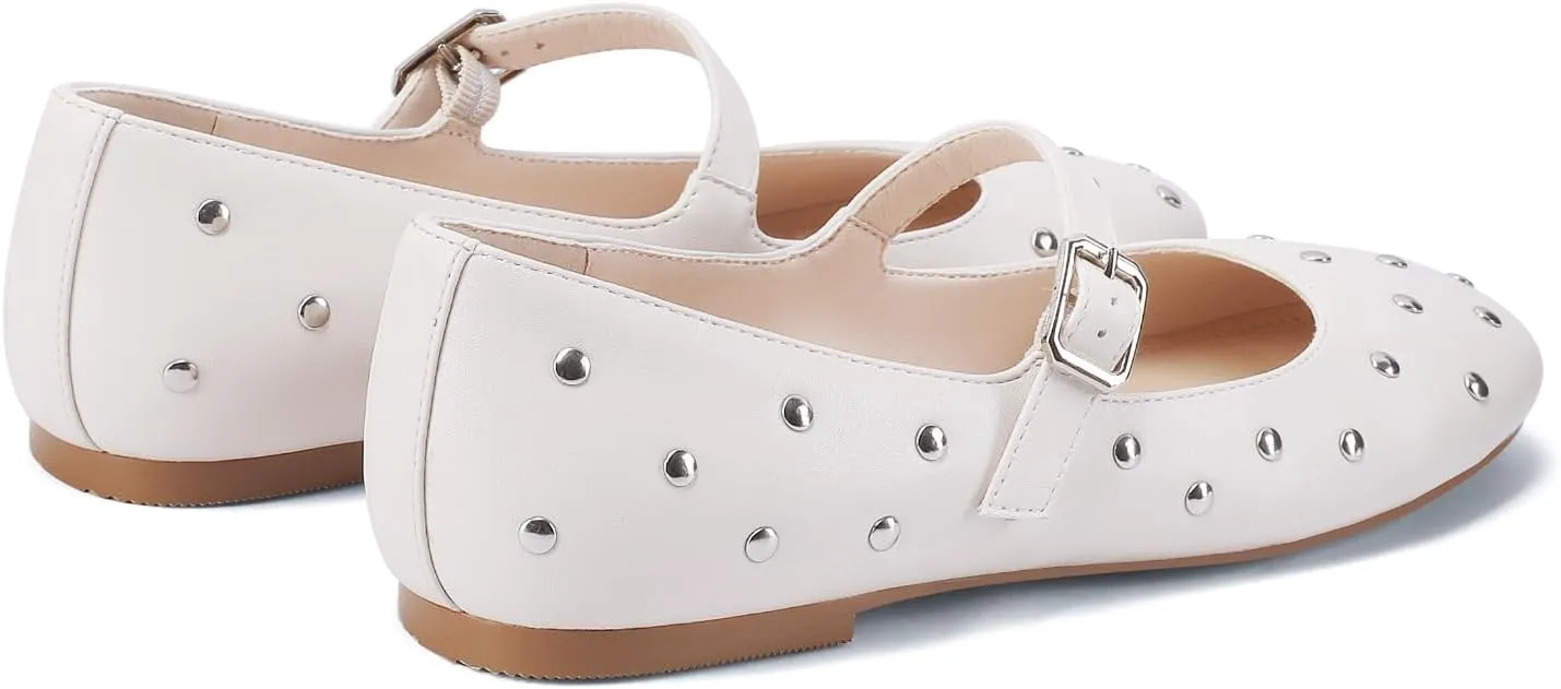 Vaslemuse Studded Ballet Flats for Women Round Toe Buckle Strap Mary Jane Shoes Daily Life Casual Work