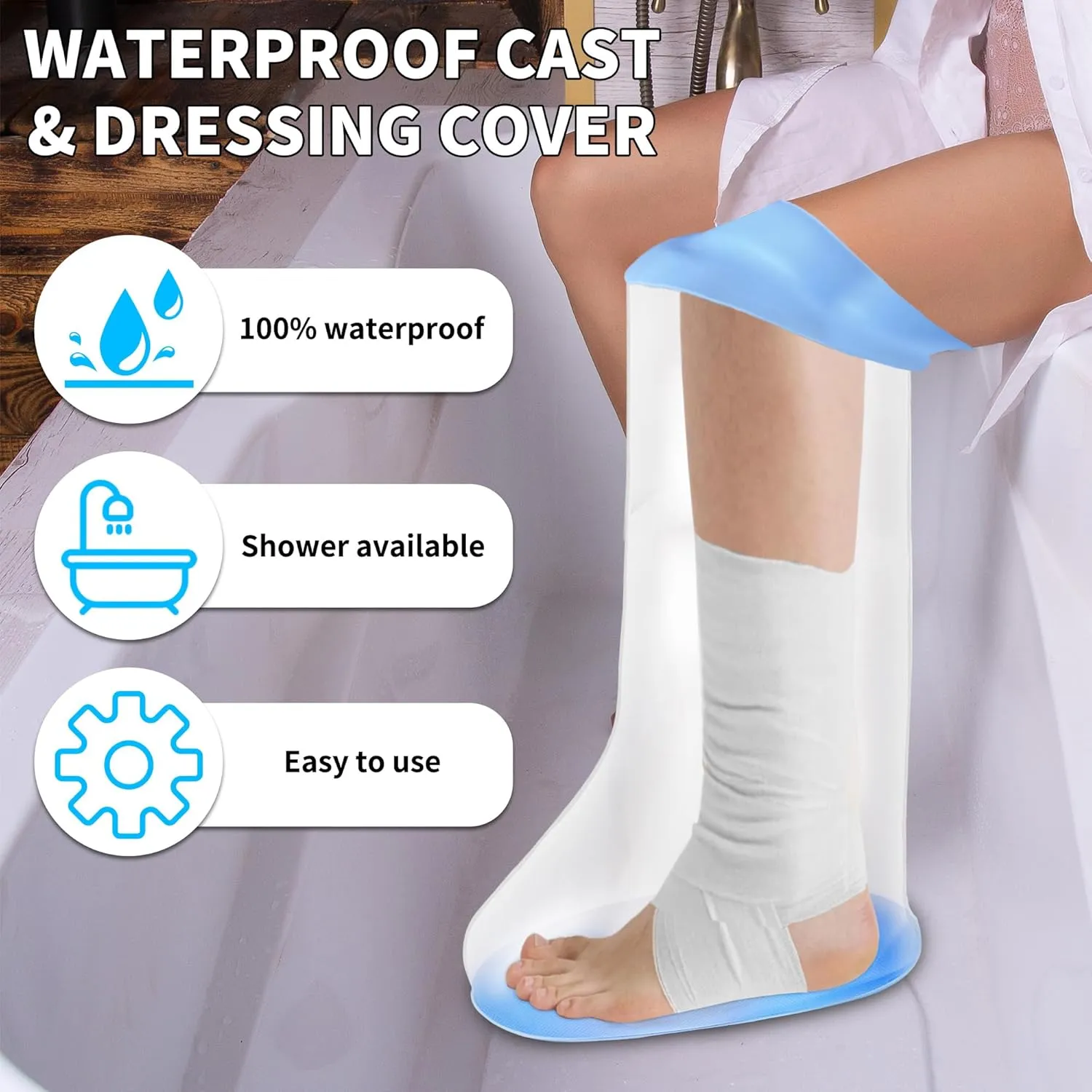 Waterproof Extra Wide Leg Cast Shower Cover with Non-Slip Bottom, Watertight Elastic Silicone Foot Cast Shower Protector for Foot After Surgery, Bunion Surgery, Large Casts, Fracture and Boots