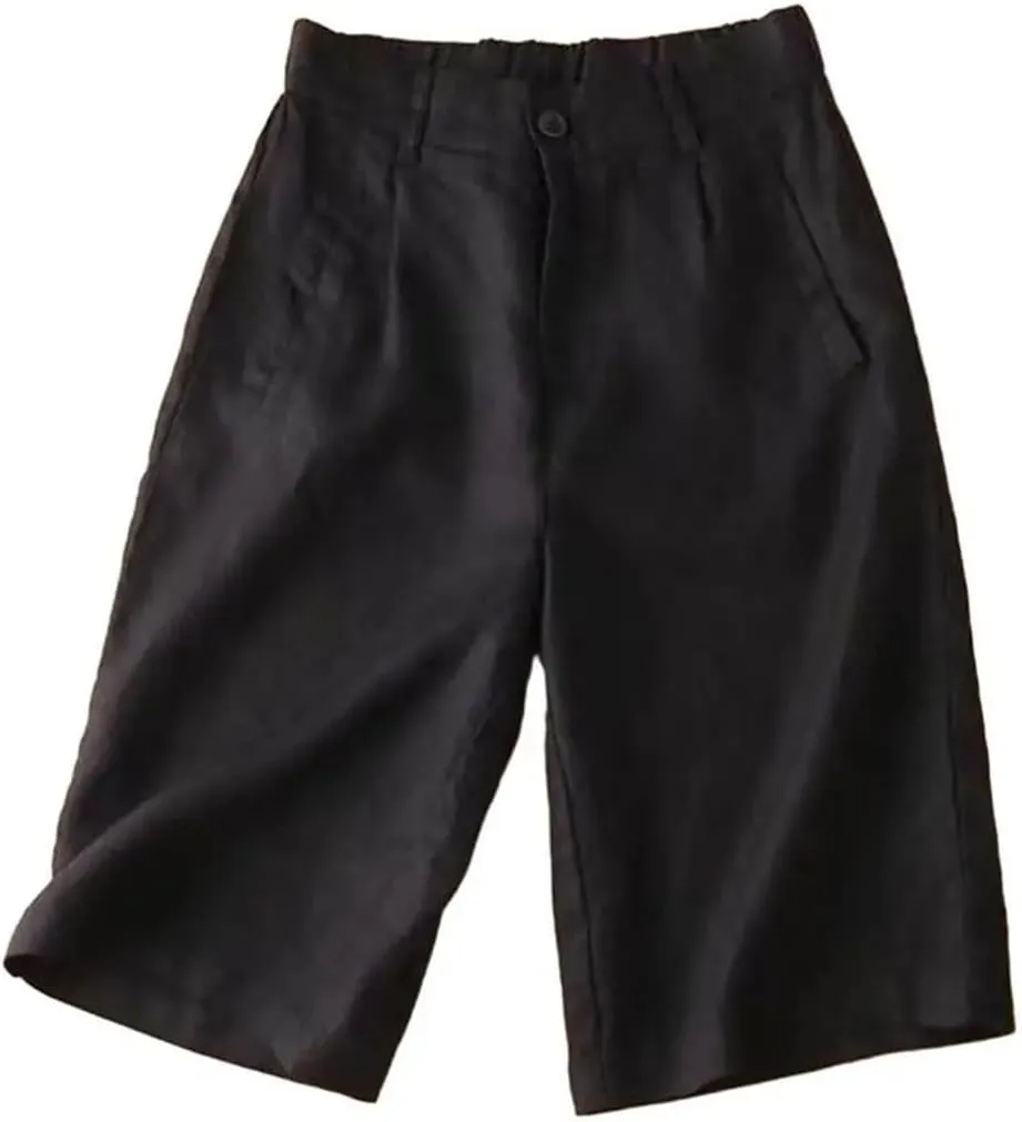 Women Cotton Linen High Waist White A Line Wide Leg Suit Shorts Slim Straight Wide Leg Work Short Pants