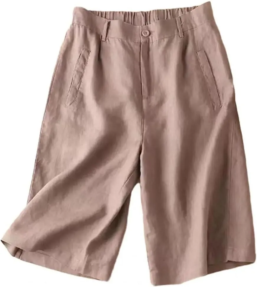 Women Cotton Linen High Waist White A Line Wide Leg Suit Shorts Slim Straight Wide Leg Work Short Pants