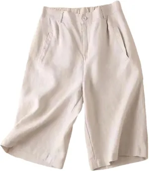 Women Cotton Linen High Waist White A Line Wide Leg Suit Shorts Slim Straight Wide Leg Work Short Pants