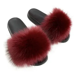 Women Summer Summer Casual Furry Slippers Ladies Imitation Hair Sandals Cute Plush Flat Heels Non-Slip Slides Large Size Shoes Outside Beach Sandals Home Slipper (12, Wine red)