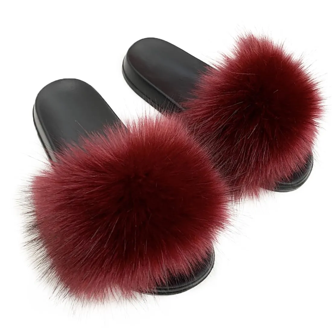 Women Summer Summer Casual Furry Slippers Ladies Imitation Hair Sandals Cute Plush Flat Heels Non-Slip Slides Large Size Shoes Outside Beach Sandals Home Slipper (12, Wine red)