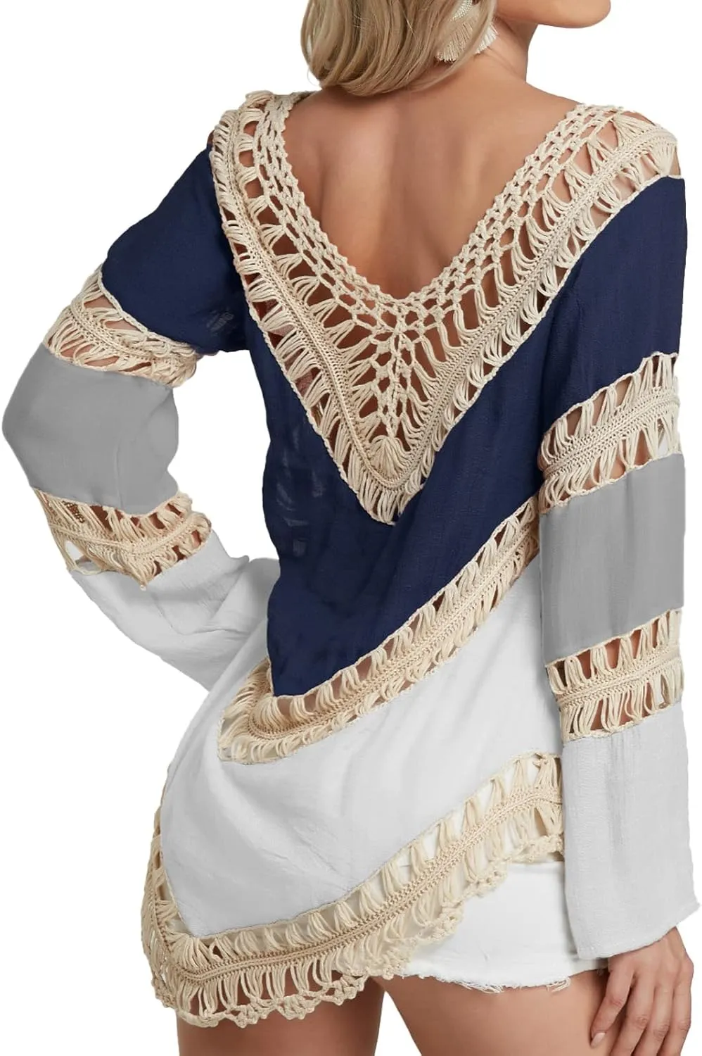 Women’s Boho V Neck Crochet Tunic Tops Blouse Shirt Hollow Out Beach Swimsuit Cover up