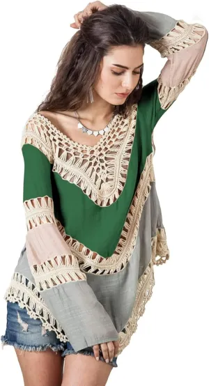 Women’s Boho V Neck Crochet Tunic Tops Blouse Shirt Hollow Out Beach Swimsuit Cover up