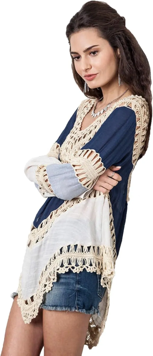 Women’s Boho V Neck Crochet Tunic Tops Blouse Shirt Hollow Out Beach Swimsuit Cover up