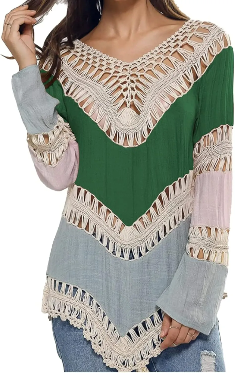 Women’s Boho V Neck Crochet Tunic Tops Blouse Shirt Hollow Out Beach Swimsuit Cover up