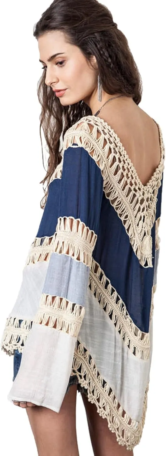 Women’s Boho V Neck Crochet Tunic Tops Blouse Shirt Hollow Out Beach Swimsuit Cover up