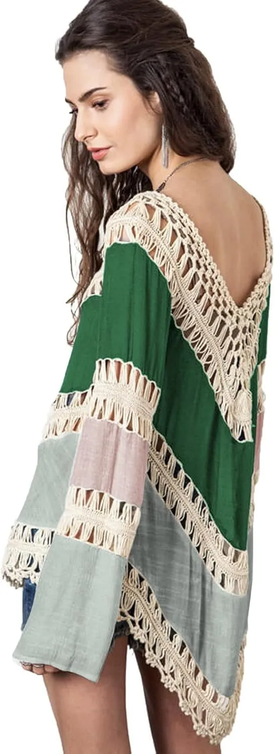 Women’s Boho V Neck Crochet Tunic Tops Blouse Shirt Hollow Out Beach Swimsuit Cover up