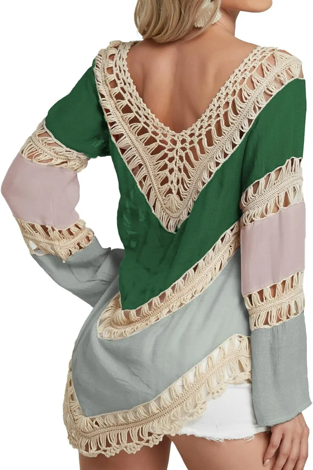 Women’s Boho V Neck Crochet Tunic Tops Blouse Shirt Hollow Out Beach Swimsuit Cover up
