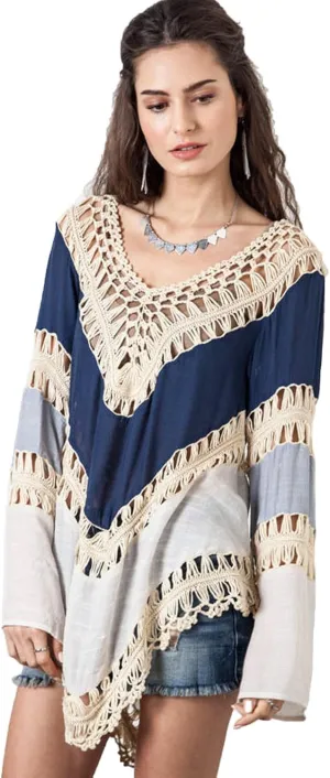 Women’s Boho V Neck Crochet Tunic Tops Blouse Shirt Hollow Out Beach Swimsuit Cover up