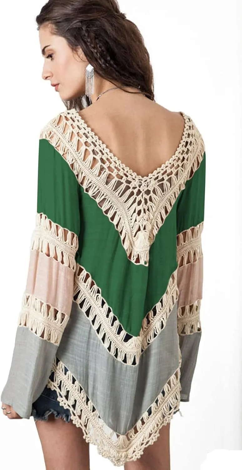 Women’s Boho V Neck Crochet Tunic Tops Blouse Shirt Hollow Out Beach Swimsuit Cover up