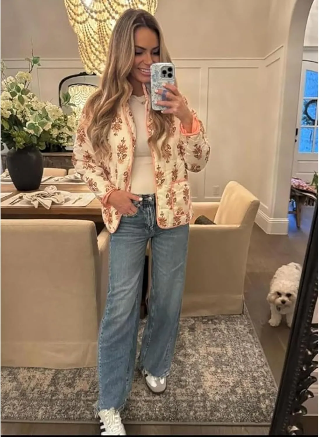 Womens Cropped Quilted Lightweight Jackets Floral Printed Open Front Puffer Coat Cardigan