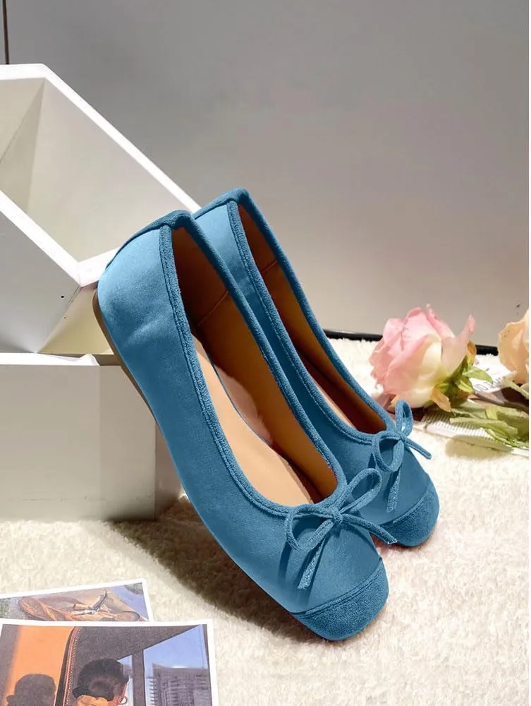 Women's Cute Bow Cap Toe Ballet Flats Fashion Satin Suede Two Toned Low Heels Closed Square Toe Comfortable Slip On Work Prom Party Dress Shoes for Ladies