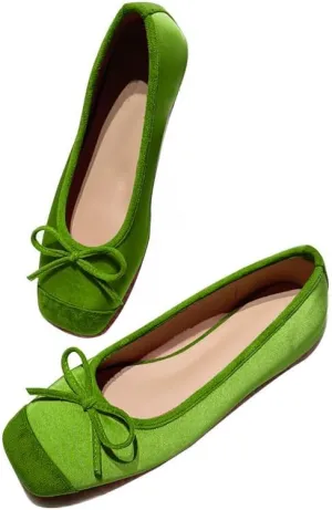 Women's Cute Bow Cap Toe Ballet Flats Fashion Satin Suede Two Toned Low Heels Closed Square Toe Comfortable Slip On Work Prom Party Dress Shoes for Ladies