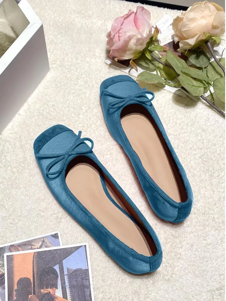 Women's Cute Bow Cap Toe Ballet Flats Fashion Satin Suede Two Toned Low Heels Closed Square Toe Comfortable Slip On Work Prom Party Dress Shoes for Ladies