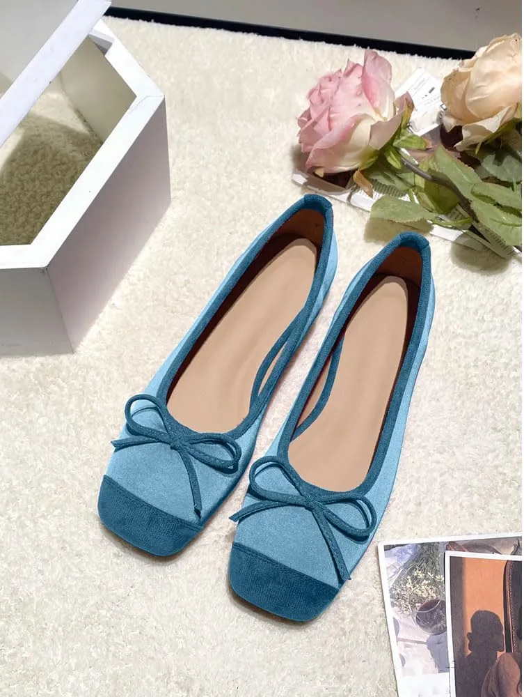 Women's Cute Bow Cap Toe Ballet Flats Fashion Satin Suede Two Toned Low Heels Closed Square Toe Comfortable Slip On Work Prom Party Dress Shoes for Ladies