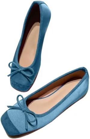 Women's Cute Bow Cap Toe Ballet Flats Fashion Satin Suede Two Toned Low Heels Closed Square Toe Comfortable Slip On Work Prom Party Dress Shoes for Ladies