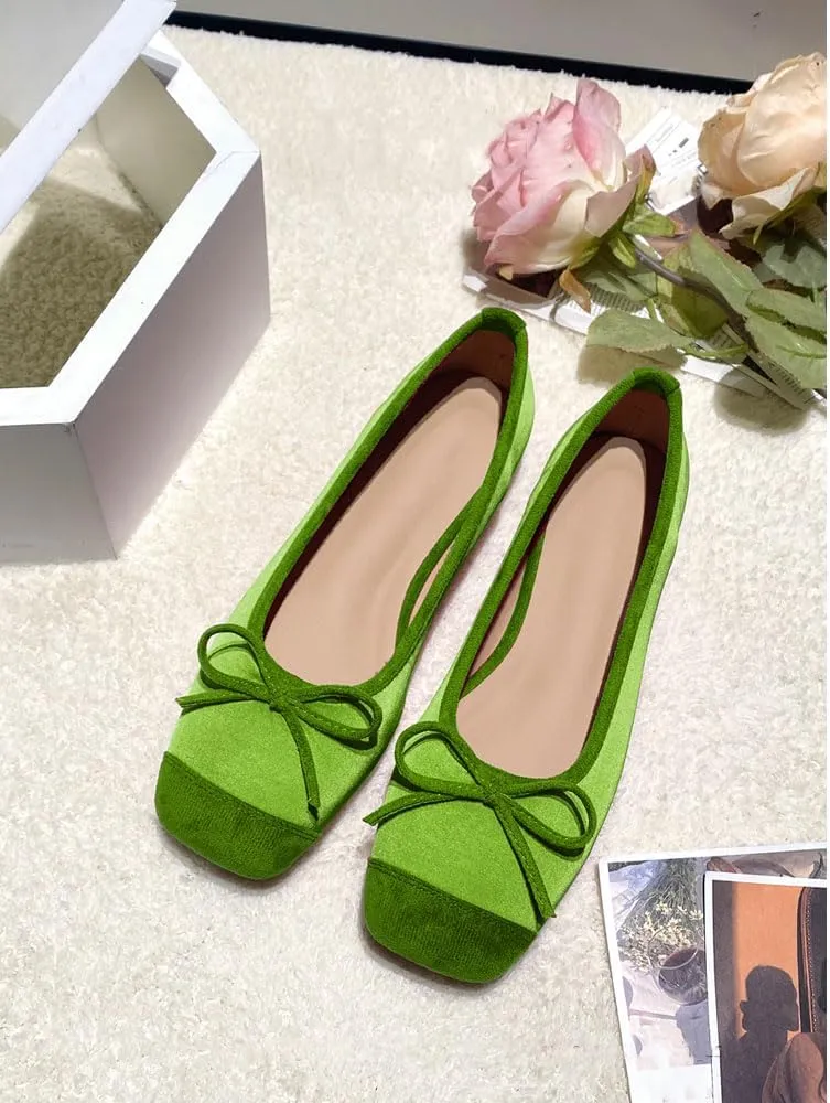 Women's Cute Bow Cap Toe Ballet Flats Fashion Satin Suede Two Toned Low Heels Closed Square Toe Comfortable Slip On Work Prom Party Dress Shoes for Ladies
