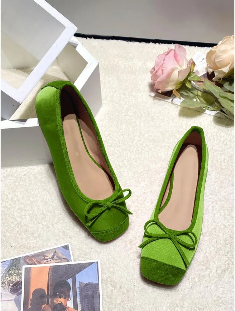 Women's Cute Bow Cap Toe Ballet Flats Fashion Satin Suede Two Toned Low Heels Closed Square Toe Comfortable Slip On Work Prom Party Dress Shoes for Ladies