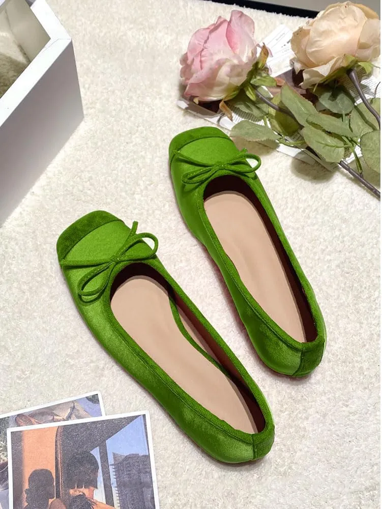 Women's Cute Bow Cap Toe Ballet Flats Fashion Satin Suede Two Toned Low Heels Closed Square Toe Comfortable Slip On Work Prom Party Dress Shoes for Ladies