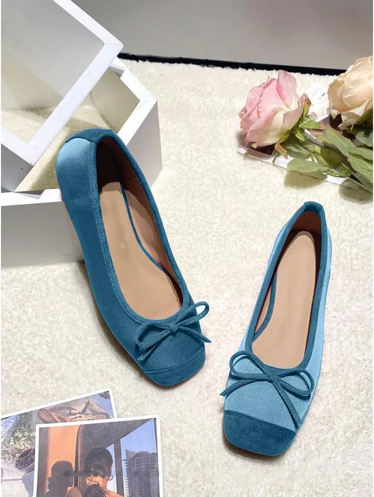 Women's Cute Bow Cap Toe Ballet Flats Fashion Satin Suede Two Toned Low Heels Closed Square Toe Comfortable Slip On Work Prom Party Dress Shoes for Ladies