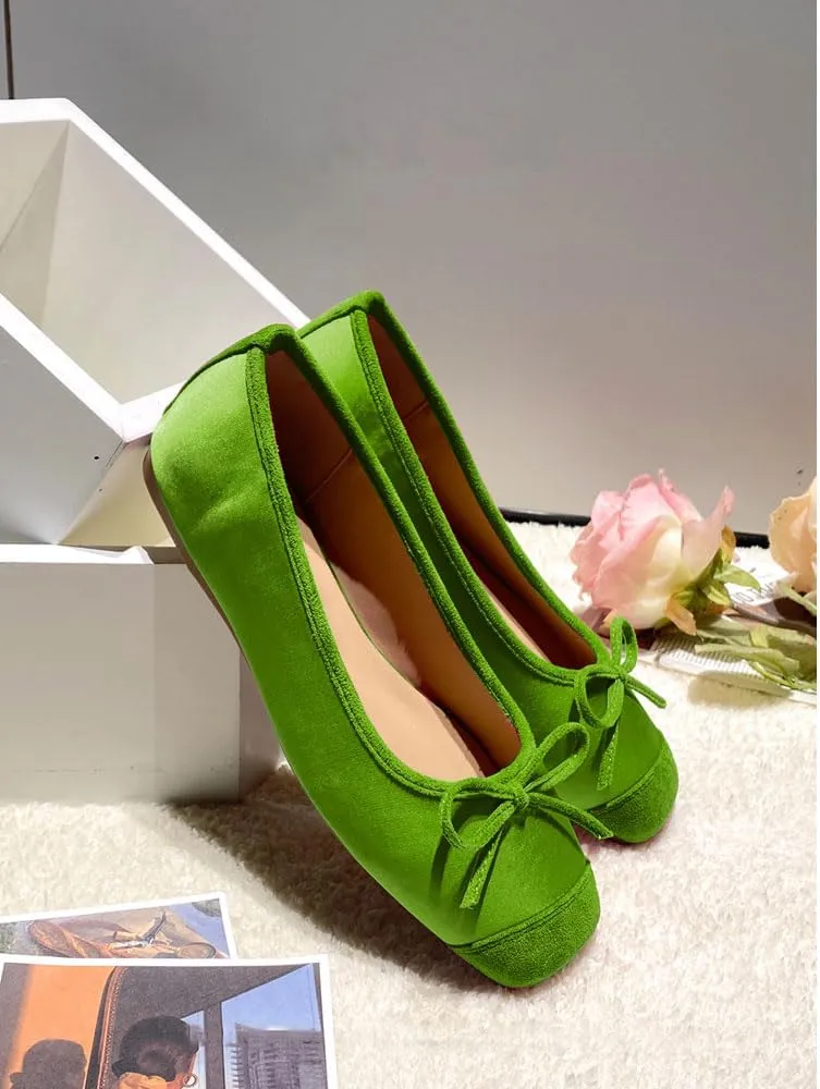 Women's Cute Bow Cap Toe Ballet Flats Fashion Satin Suede Two Toned Low Heels Closed Square Toe Comfortable Slip On Work Prom Party Dress Shoes for Ladies
