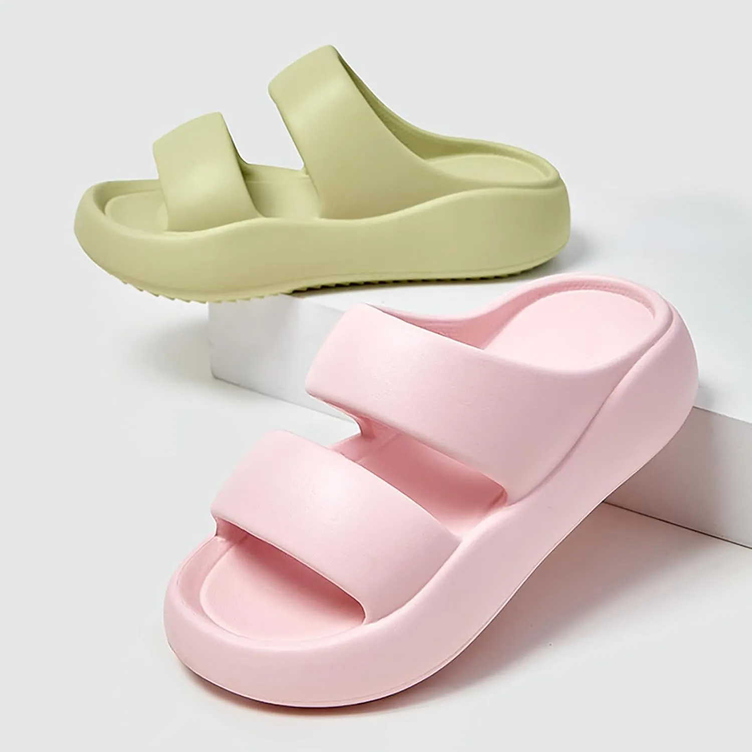 Women's Fashion Cowhide Leather Platform Sandals Comfy Soft Open Toe Slip On Wedge Casual Slides Summer Beach Lightweight Flatform Chunky Slippers