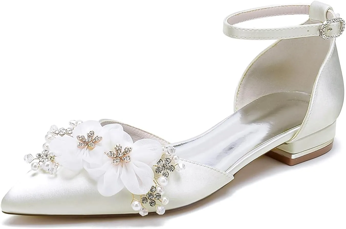 Women's Flat Pumps Heel Applique Pointed Toe Flats Comfort Wedding Shoes for Bride Prom Dress Shoes