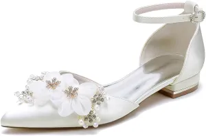 Women's Flat Pumps Heel Applique Pointed Toe Flats Comfort Wedding Shoes for Bride Prom Dress Shoes