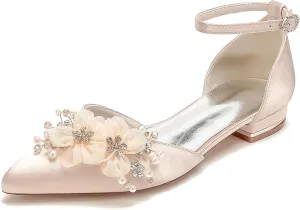 Women's Flat Pumps Heel Applique Pointed Toe Flats Comfort Wedding Shoes for Bride Prom Dress Shoes