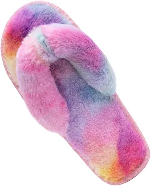 Women's Fuzzy Memory Foam Flip Flop Slippers Soft Comfy Open Toe Slip On Spa Thong Flat Sandals Ladies House Home Furry Sandal Slides Indoor Outdoor