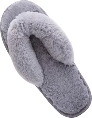 Women's Fuzzy Memory Foam Flip Flop Slippers Soft Comfy Open Toe Slip On Spa Thong Flat Sandals Ladies House Home Furry Sandal Slides Indoor Outdoor