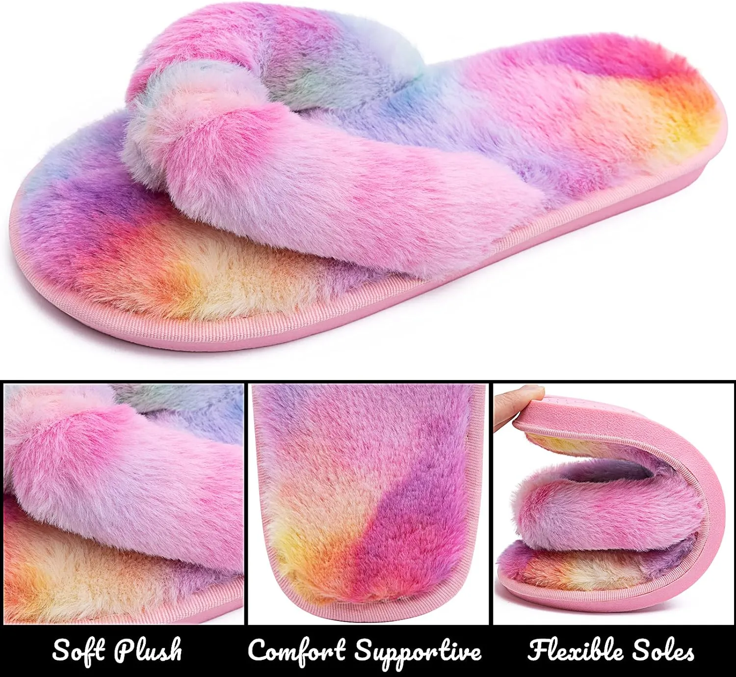 Women's Fuzzy Memory Foam Flip Flop Slippers Soft Comfy Open Toe Slip On Spa Thong Flat Sandals Ladies House Home Furry Sandal Slides Indoor Outdoor