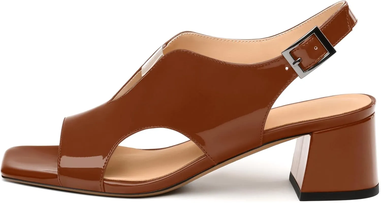 Womens Heeled Sandals, Square Peep Toe Mid Block Heel Slingback Sandals for Women, Leather Insole Chunky Heel Sandals with Buckle 2"