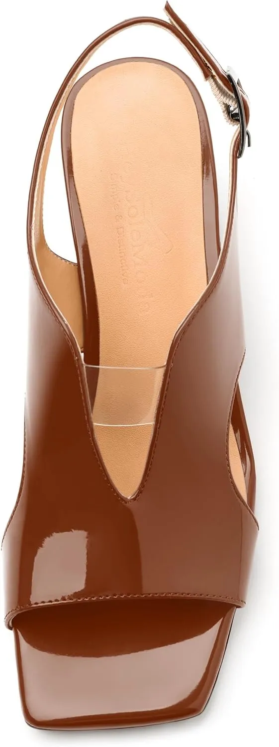 Womens Heeled Sandals, Square Peep Toe Mid Block Heel Slingback Sandals for Women, Leather Insole Chunky Heel Sandals with Buckle 2"