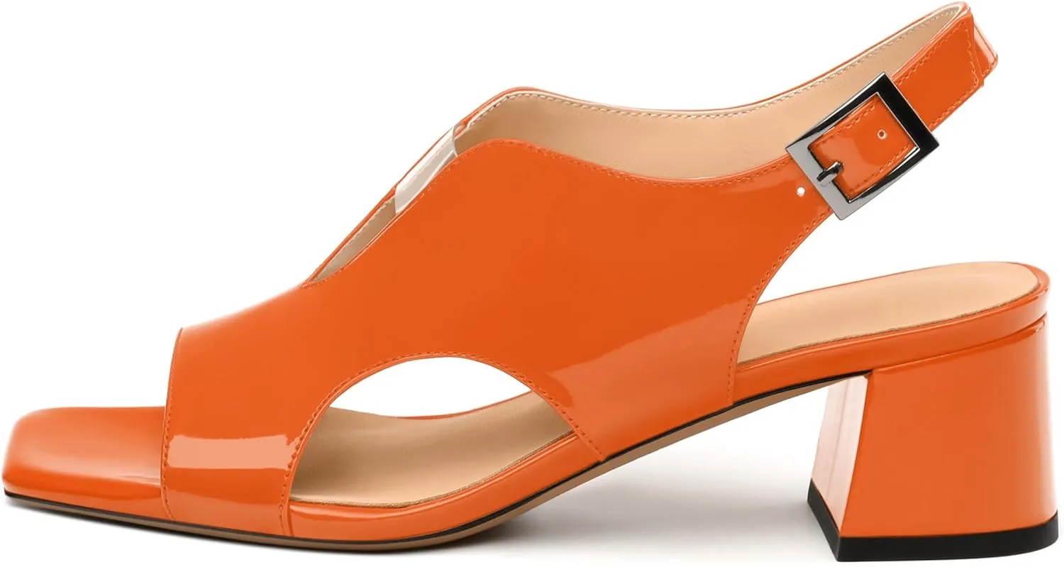 Womens Heeled Sandals, Square Peep Toe Mid Block Heel Slingback Sandals for Women, Leather Insole Chunky Heel Sandals with Buckle 2"