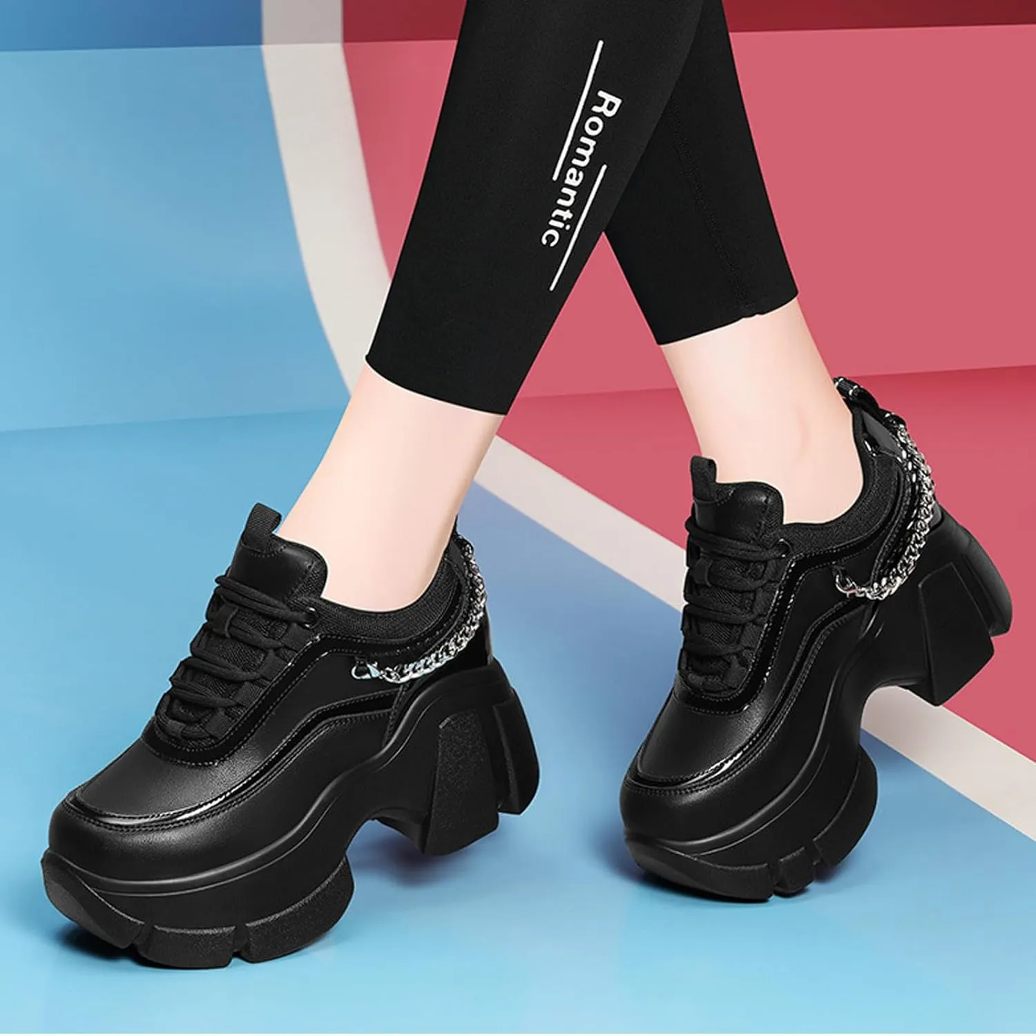 Women's Leather Wedge Casual Sneakers,Lace-Up Platform Sneakers,Anti-Slip Shock Absorbing High Heeled Fashion Sneakers