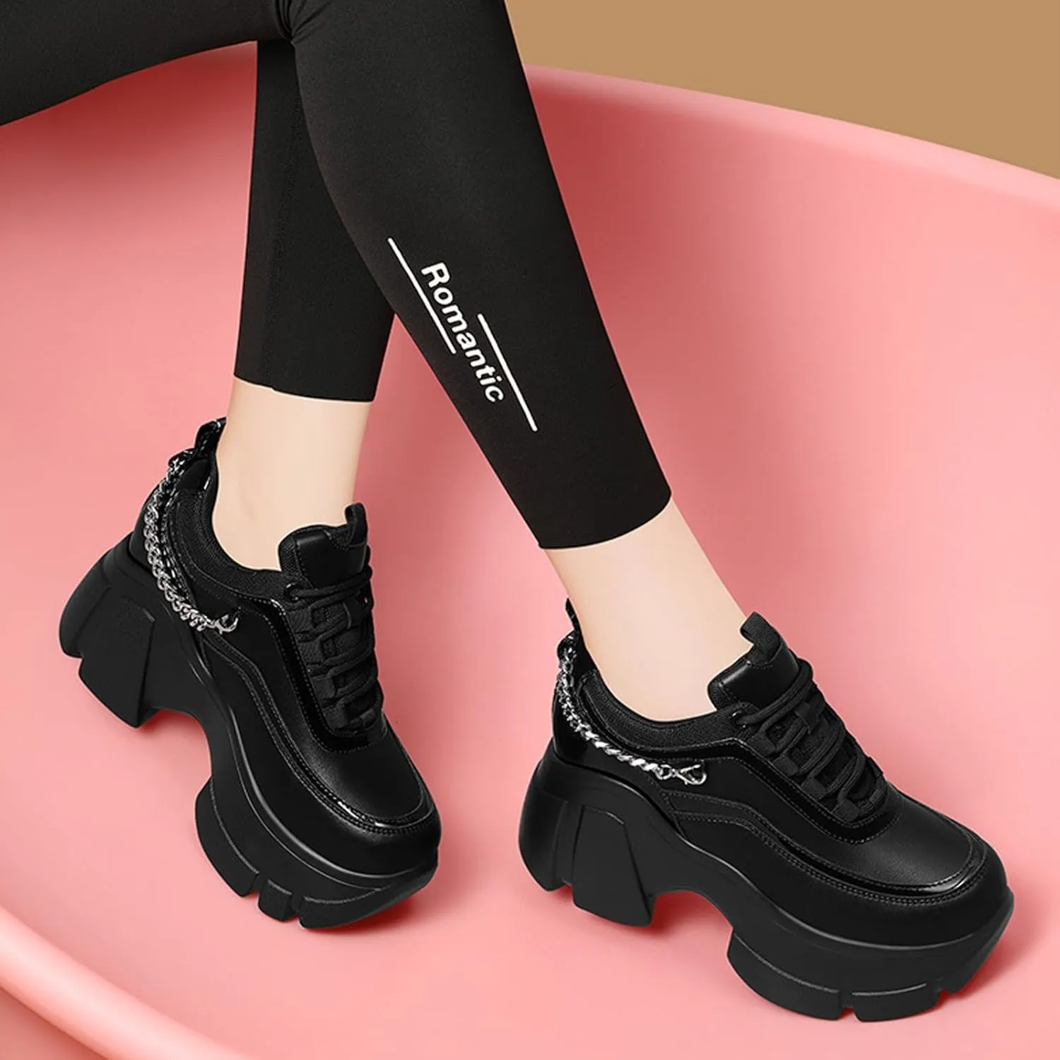 Women's Leather Wedge Casual Sneakers,Lace-Up Platform Sneakers,Anti-Slip Shock Absorbing High Heeled Fashion Sneakers