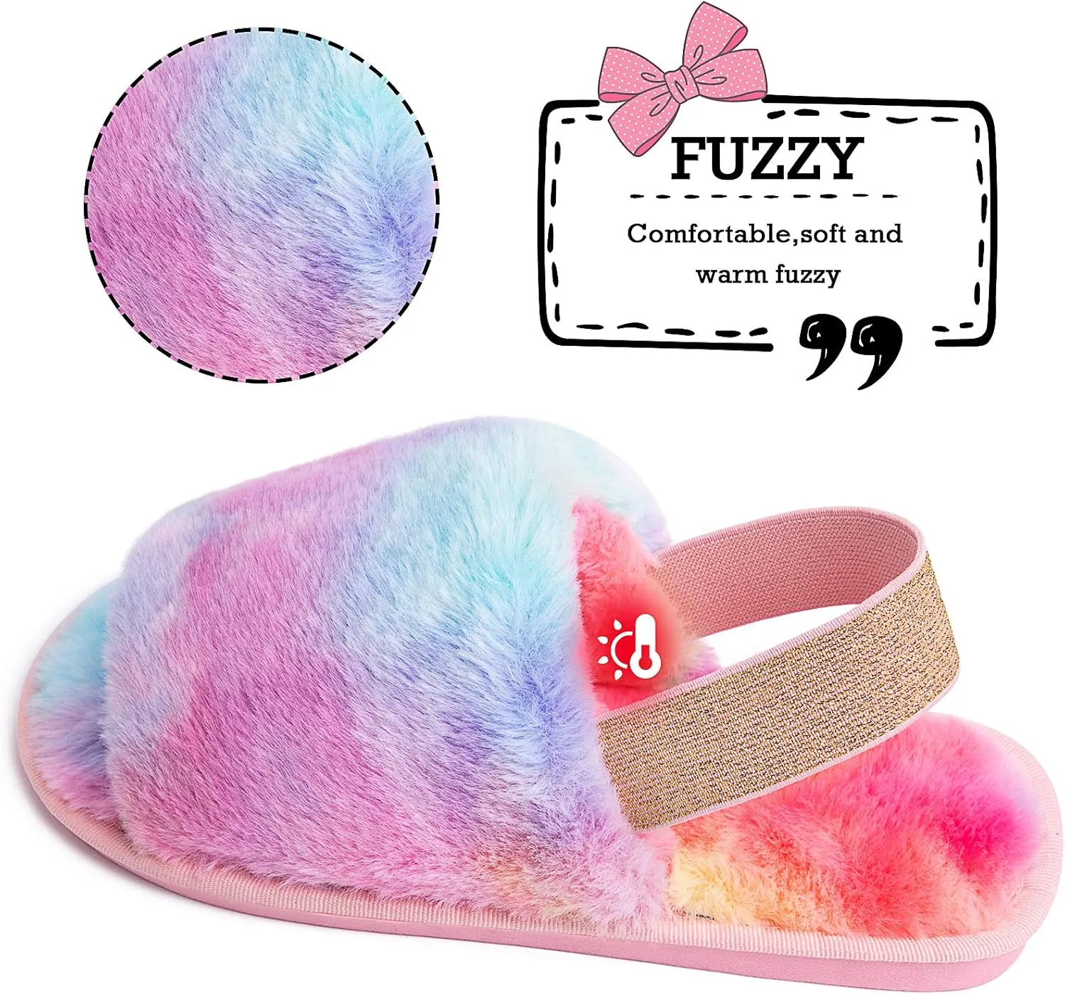 Womens Leopard Fuzzy Slippers Soft Plush Open Toe Faux Fur House Slide Sandals Indoor Spa Bedroom Flat Shoes with Elastic Strap