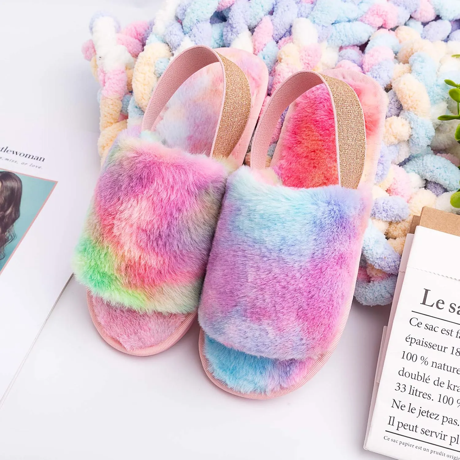 Womens Leopard Fuzzy Slippers Soft Plush Open Toe Faux Fur House Slide Sandals Indoor Spa Bedroom Flat Shoes with Elastic Strap