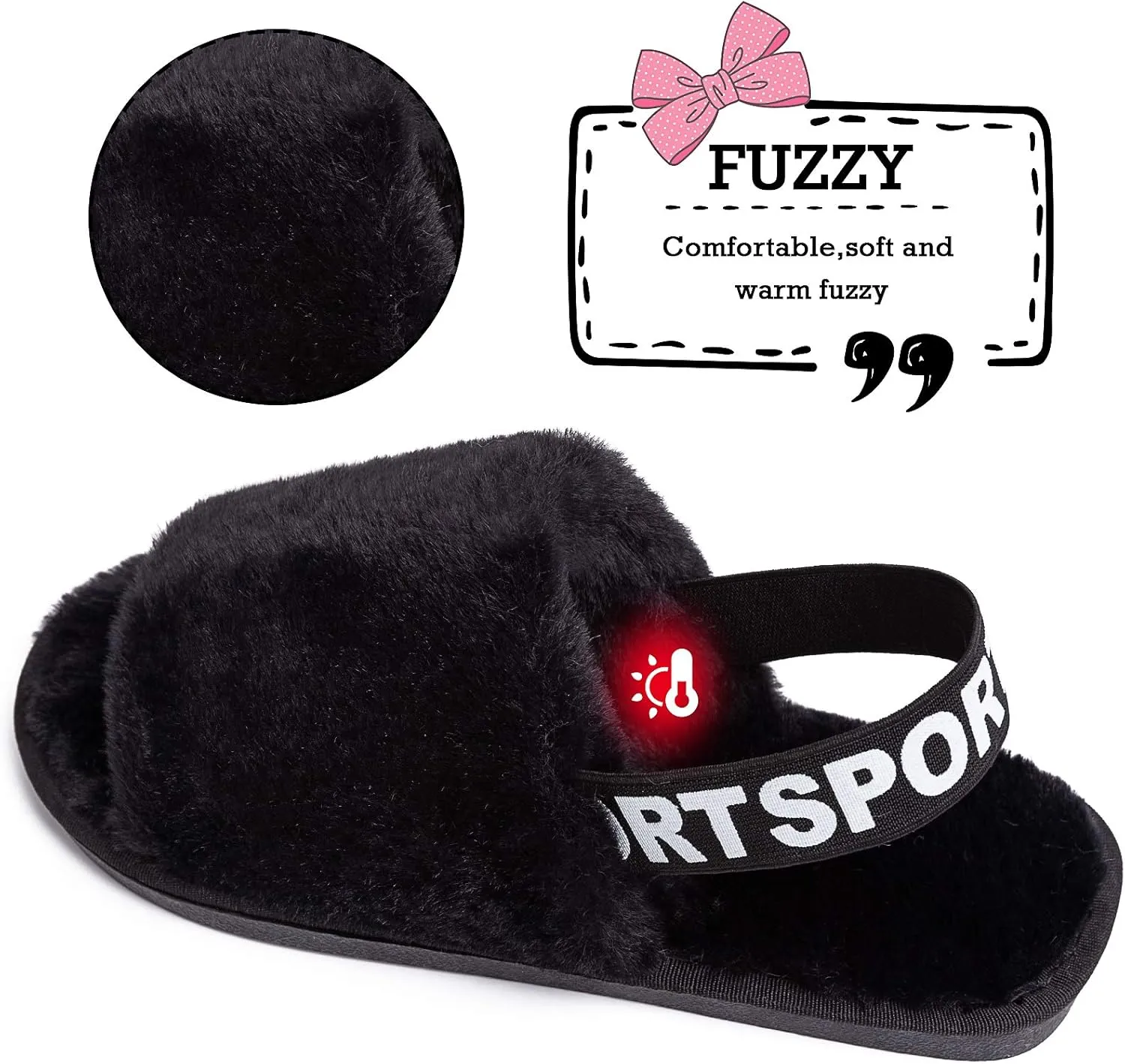 Womens Leopard Fuzzy Slippers Soft Plush Open Toe Faux Fur House Slide Sandals Indoor Spa Bedroom Flat Shoes with Elastic Strap
