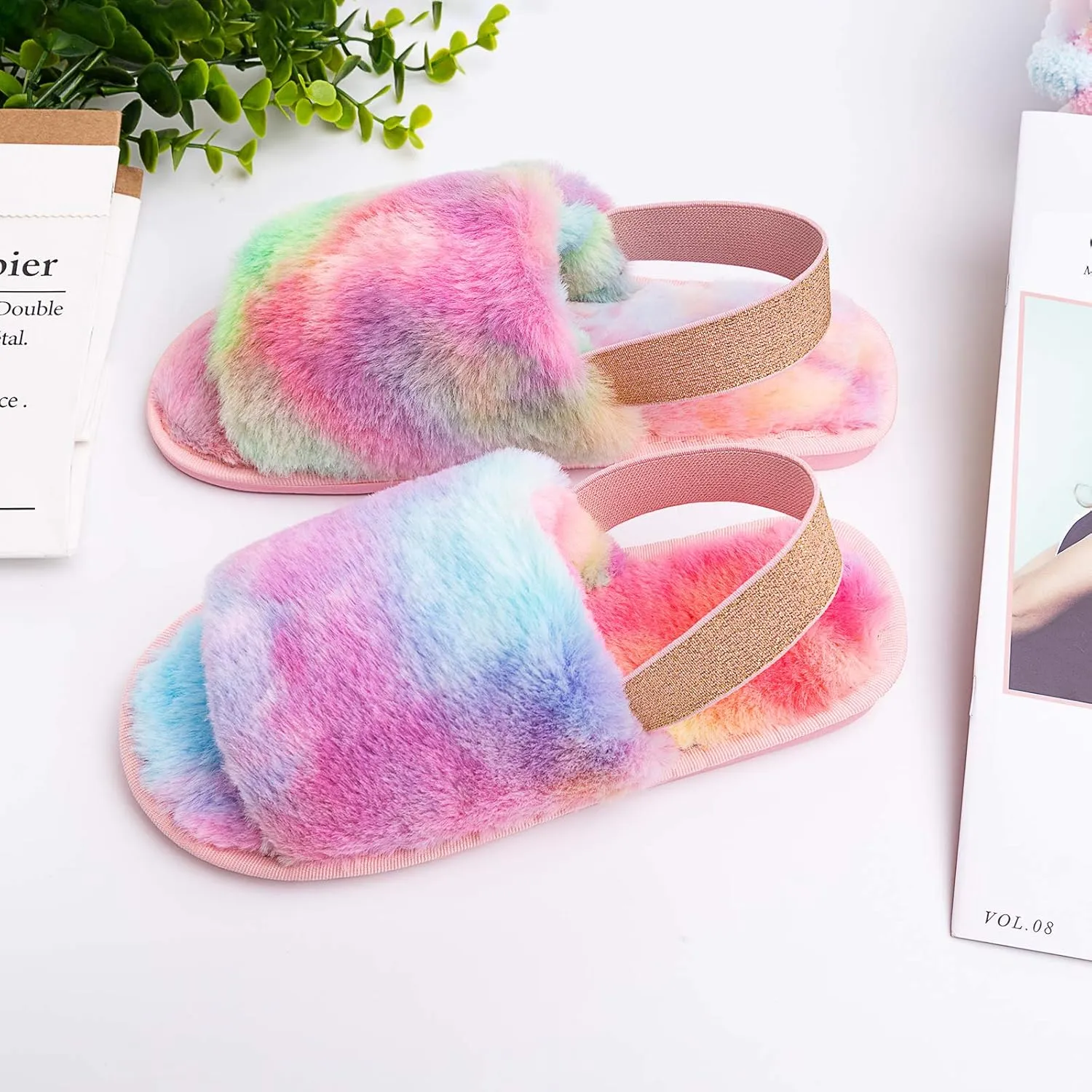 Womens Leopard Fuzzy Slippers Soft Plush Open Toe Faux Fur House Slide Sandals Indoor Spa Bedroom Flat Shoes with Elastic Strap