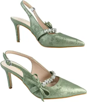 Women's Olive Green Patent Leather Pointed Toe High Heel Sandals, Bow-Embellished T-Strap Design, Stylish Evening Shoes, Trendy Party Footwear, Elegant Open-Toe High Heels