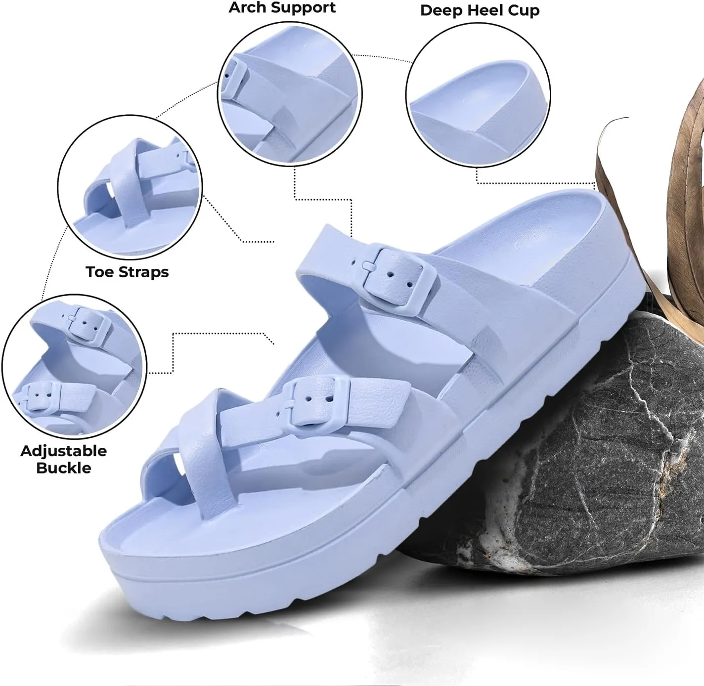 Women's Platform Sandals - Arch Support, Comfortable Foam Slides with Adjustable Buckle, Lightweight Thick Soles | Ultra Cushion