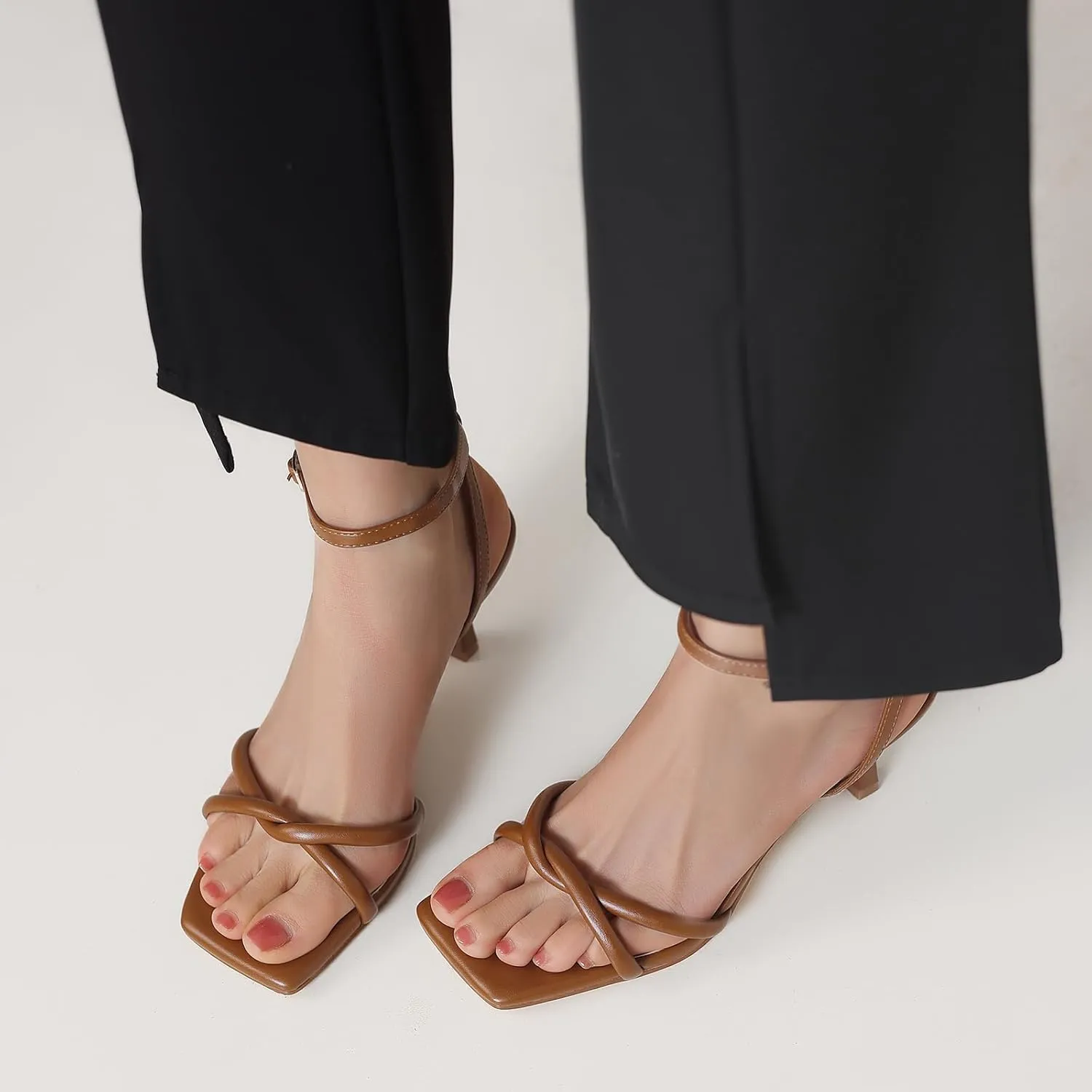 Women's Sandals Square Open Toe Kitten Heels Strappy Ankle Strap Sandals for Women Comfort Dress Party Shoes