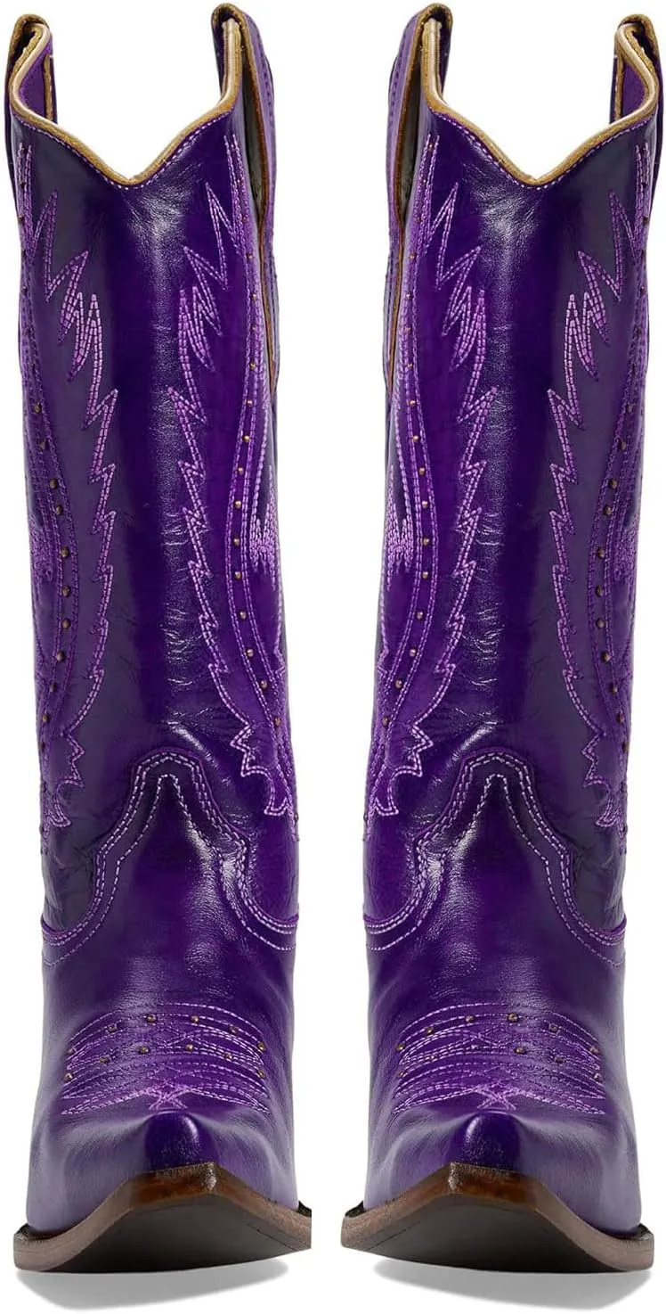 Women's Vintage Embroidered Rivet Block Heel Cowgirl Mid Calf Western Boots Fashion Studded Square Toe Pull On Chunky Heel Cowboy Knee High Boots for Women