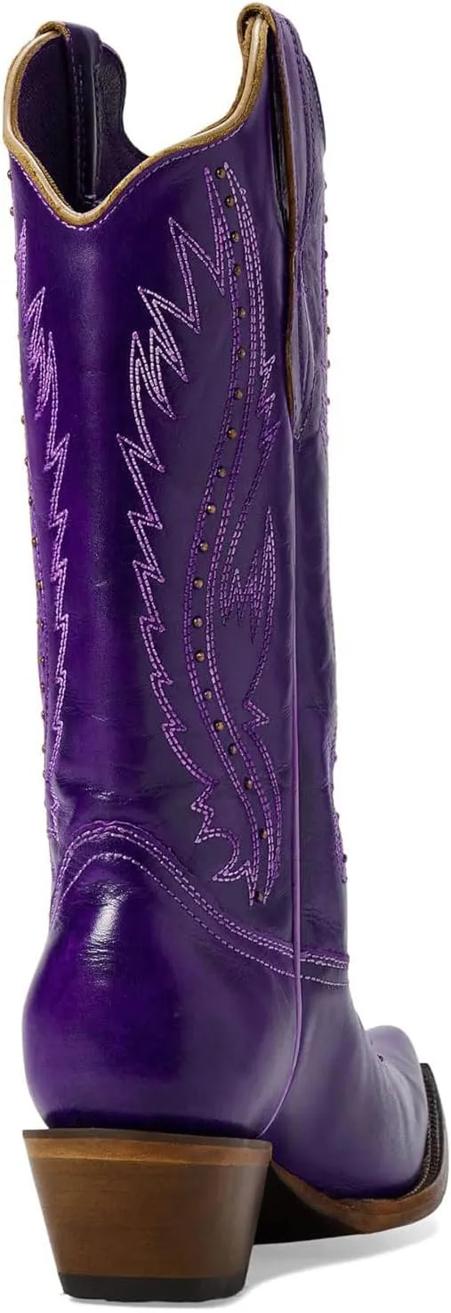 Women's Vintage Embroidered Rivet Block Heel Cowgirl Mid Calf Western Boots Fashion Studded Square Toe Pull On Chunky Heel Cowboy Knee High Boots for Women